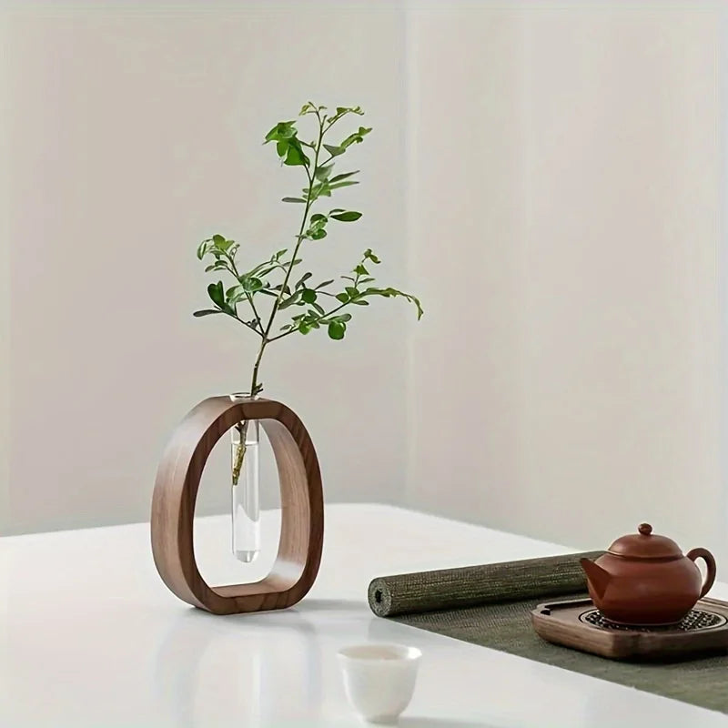 🌿 Vase Décoratif en Céramique & Bois de Noyer