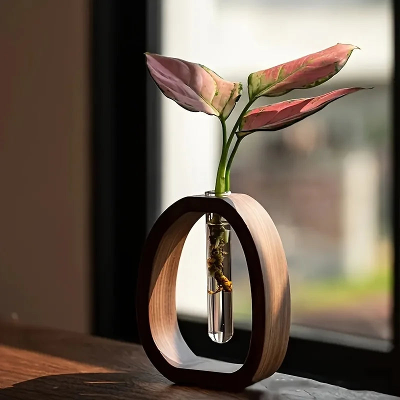 🌿 Vase Décoratif en Céramique & Bois de Noyer