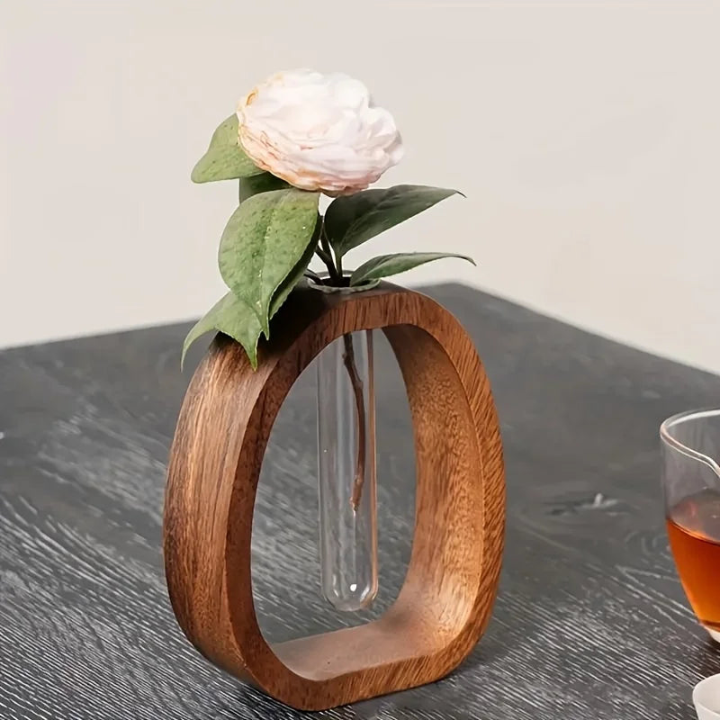 🌿 Vase Décoratif en Céramique & Bois de Noyer