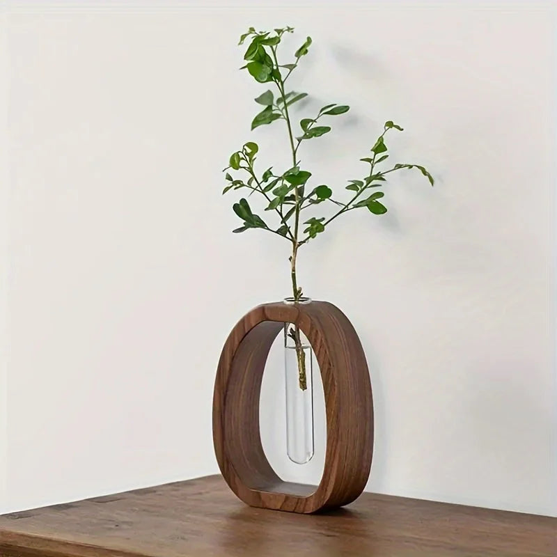 🌿 Vase Décoratif en Céramique & Bois de Noyer