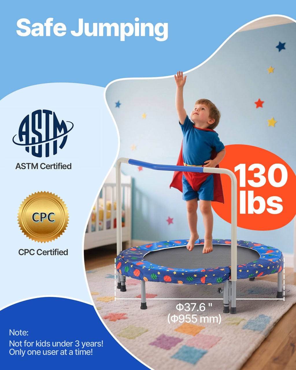 🎉 Trampoline Enfant 91 cm (36") – Intérieur & Extérieur | Pliable avec Barre de Maintien