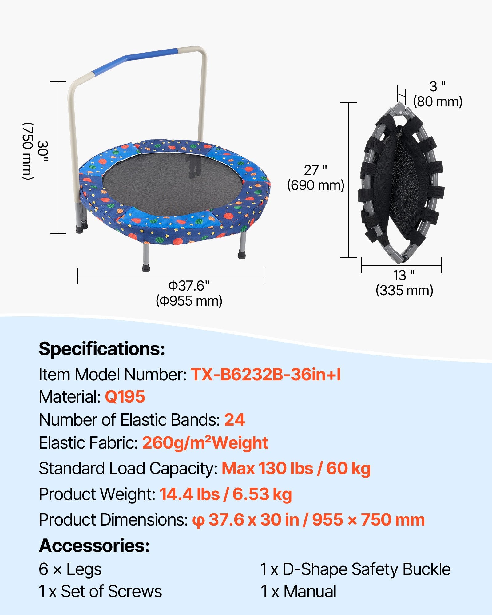 🎉 Trampoline Enfant 91 cm (36") – Intérieur & Extérieur | Pliable avec Barre de Maintien