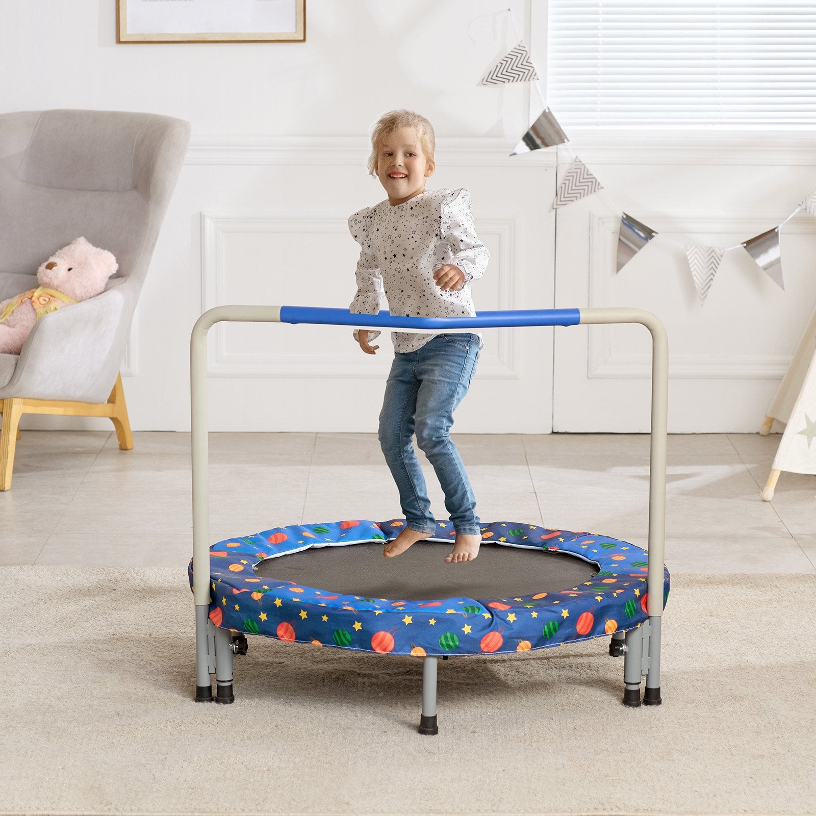 🎉 Trampoline Enfant 91 cm (36") – Intérieur & Extérieur | Pliable avec Barre de Maintien