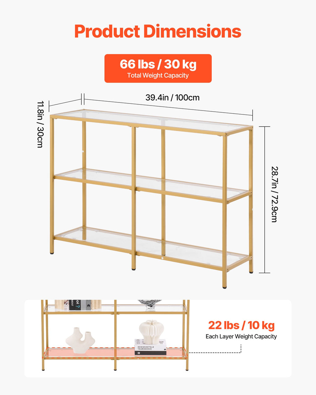 3-Tier Glass Console Table, Modern Rectangle Sofa Side Table with